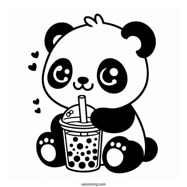 Easy Baby Panda Coloring Page Sipping Boba Tea For Preschoolers
