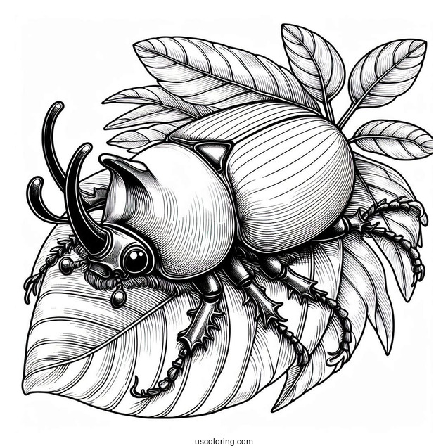 Rhinoceros Beetle Coloring Page On A Leaf