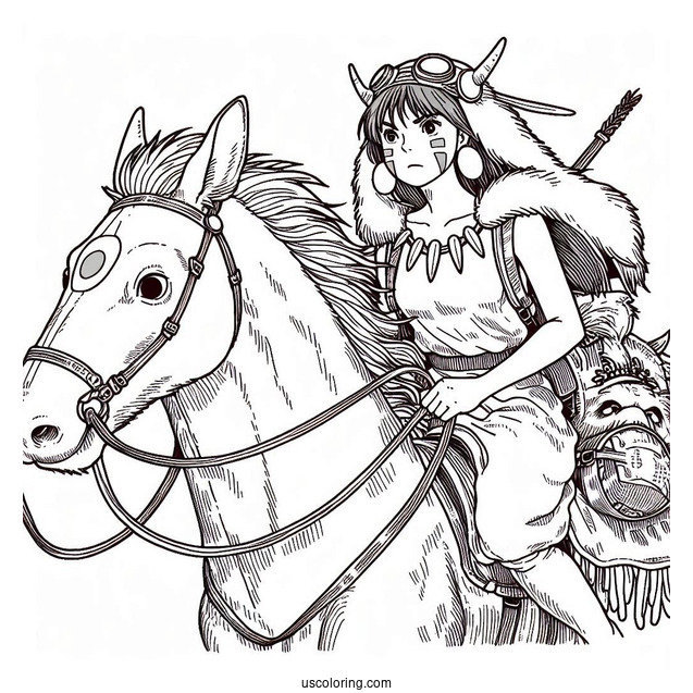 Studio Ghibli Coloring Page of Princess Mononoke San Riding Moro