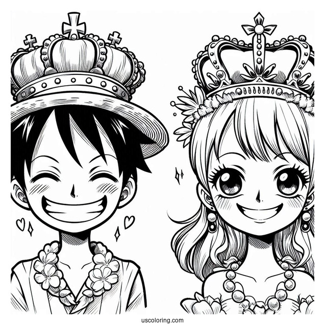 Luffy Coloring Page With Nami Wearing Crowns