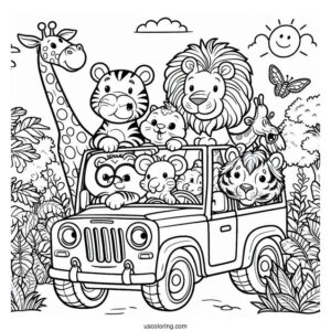 Jungle Coloring Page Of Elephant, Lion, Giraffe, Zebra, Tiger, Hippo, And Monkey Riding Car