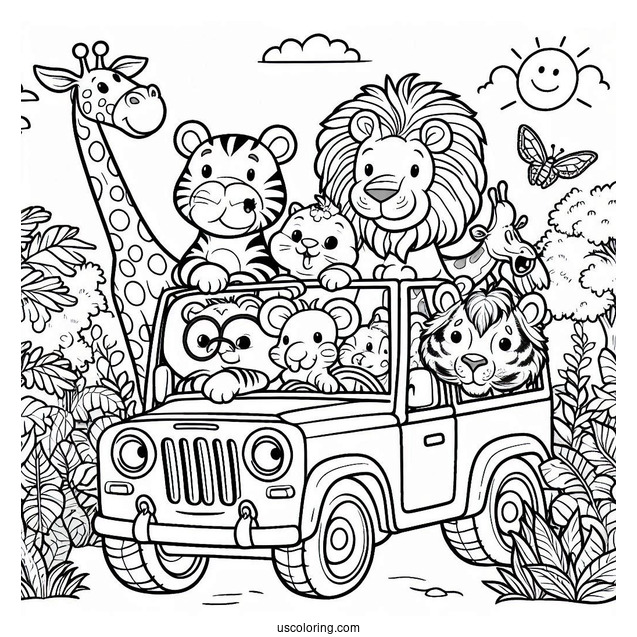 Jungle Coloring Page Of Elephant, Lion, Giraffe, Zebra, Tiger, Hippo, And Monkey Riding Car