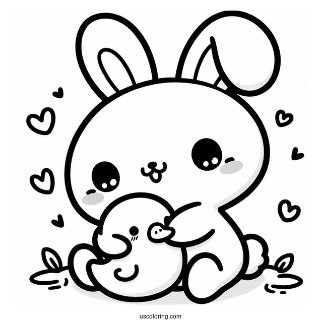 Kawaii Rabbit Hugging A Duckling Coloring Page
