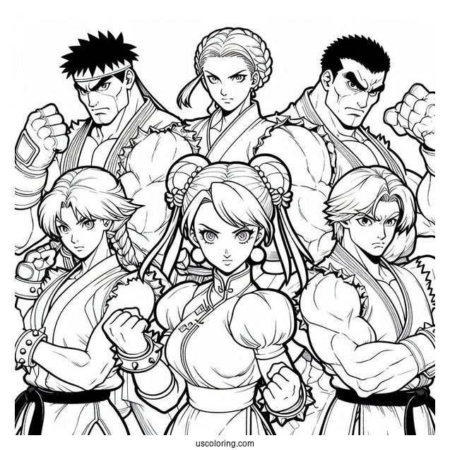 Street Fighter Coloring Page Of Ryu, Lucia, Chun Li, Urien, Rose, And M Bison