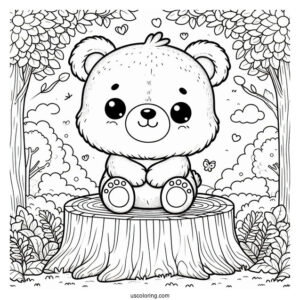 Cute Coloring Page Baby Bear Sitting On A Tree Stump