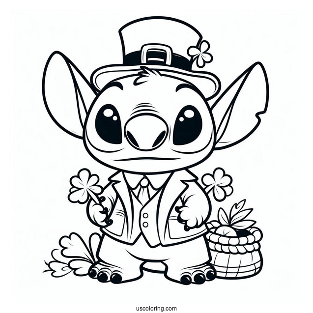 St. Patrick's Day Coloring Page Of Cute Stitch Dressed As A Leprechaun For Preschoolers