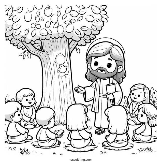 Cartoon Jesus Coloring Page Teaching Children Under The Tree For Kids