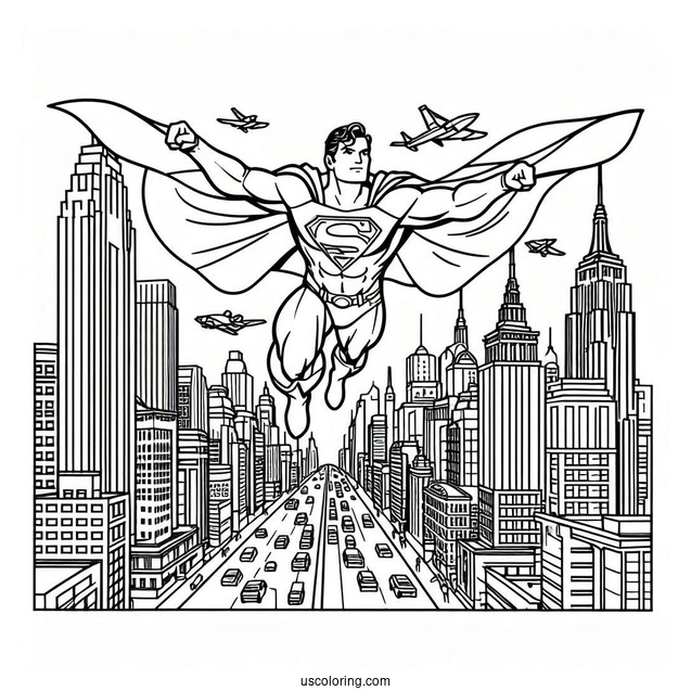 Superman Flying Over Buildings Coloring