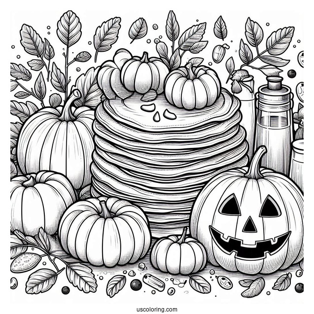 Realistic Fall Pancake Coloring Page With Jack O Lanterns