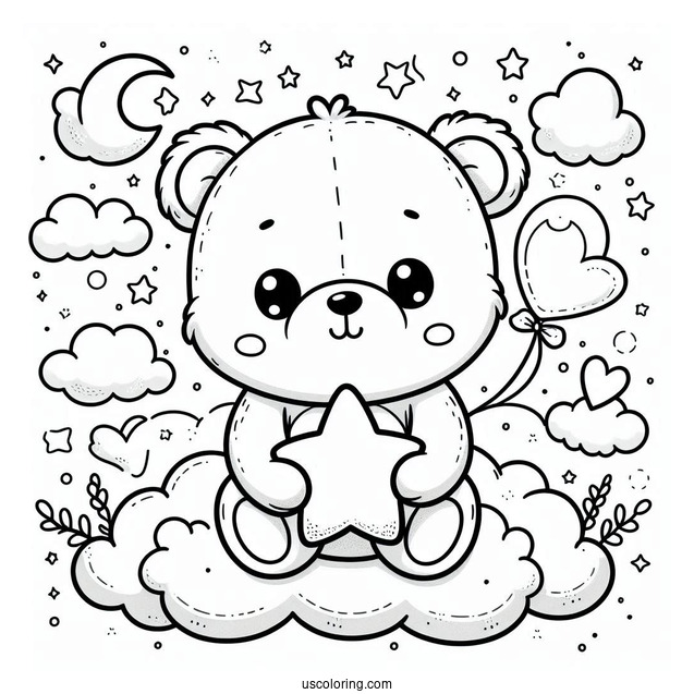 Cute Coloring Page Teddy Bear Holding A Star In The Clouds