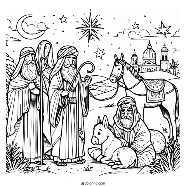 Simple Nativity Coloring Page With The Wise Men