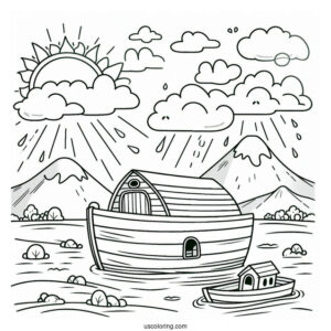 Cute Cartoon Noah's Ark Coloring Page For Kids