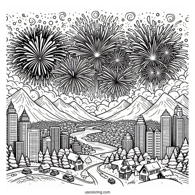 New Year Coloring Page Of Fireworks Over The City
