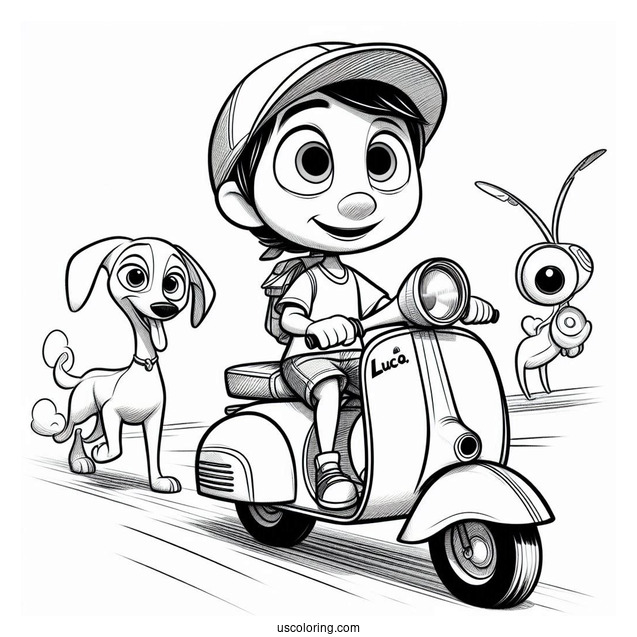 Pixar Coloring Page of Luca, Alberto, And Guila Riding Scooter