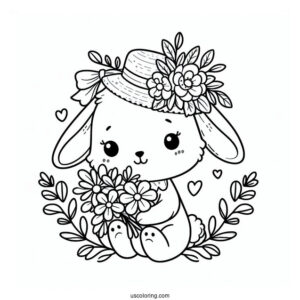 Cute Easter Bunny Coloring Page In Floral Cap Holding Flowers