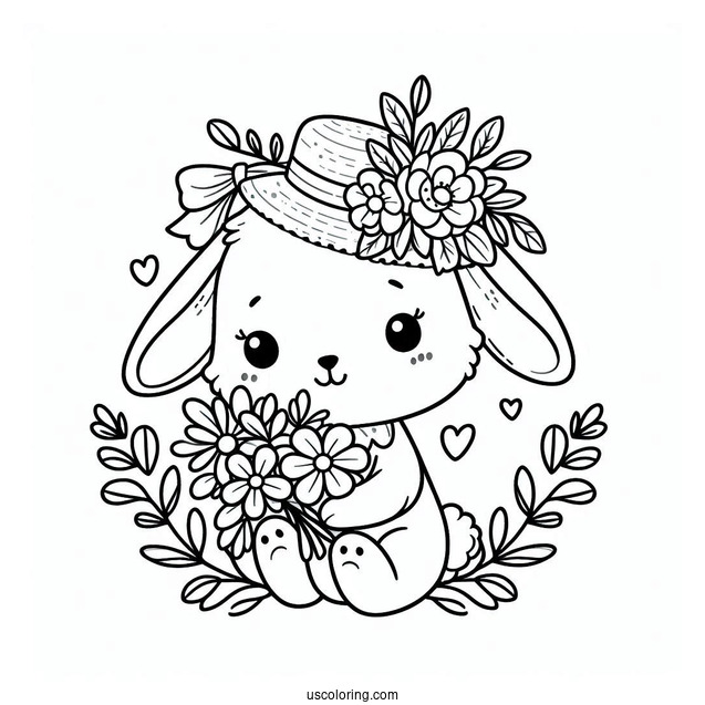 Cute Easter Bunny Coloring Page In Floral Cap Holding Flowers
