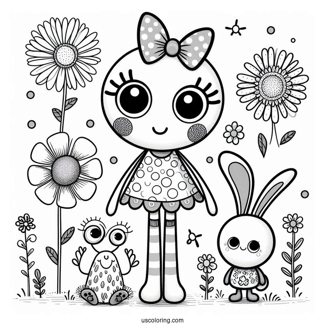 Poppy Playtime Coloring Page Of Mommy Long Legs, Huggy Wuggy, Kissy Missy, Poppy, Bron, Boogie Bot, And Bunzo Bunny