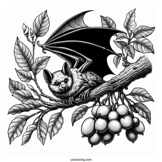 Close Up Of Realistic Bat Coloring Page Roosting On Fruit Tree