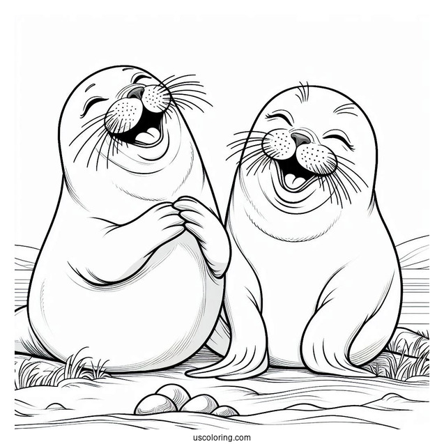 Two Seal Coloring Page Laughing On Land