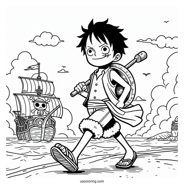 One Piece Coloring Page Of Simple Luffy Walking On Port For Kids