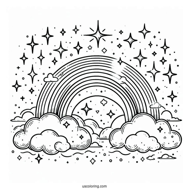 Sparkling Rainbow In Cloudy Sky Coloring Sheet