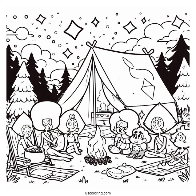 Steven Universe Coloring Page Of Glamping With Peridot, Amethyst, Pearl, Connie, Bismuth, Lapis Lazuli, Ruby, And Sapphire