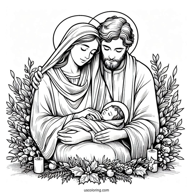 Nativity Coloring Page Of Mary And Joseph Cradling Newborn Jesus