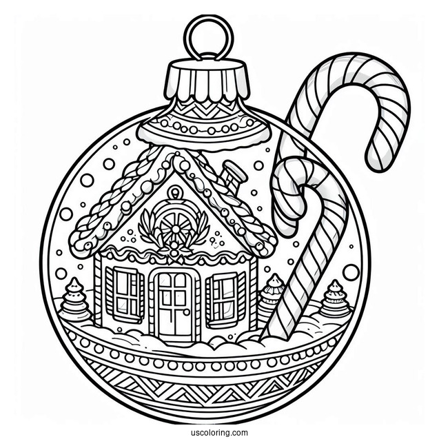 Gingerbread House And Candy Canes Inside Bauble Christmas Ornaments Coloring Page