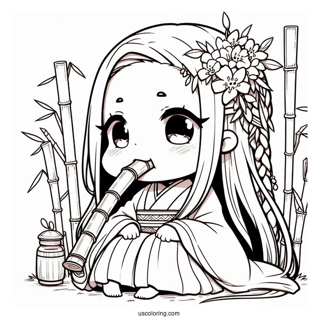 Cute Chibi Nezuko Coloring Page Biting Down Bamboo