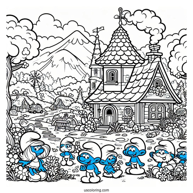 Detailed Smurf Village Coloring In