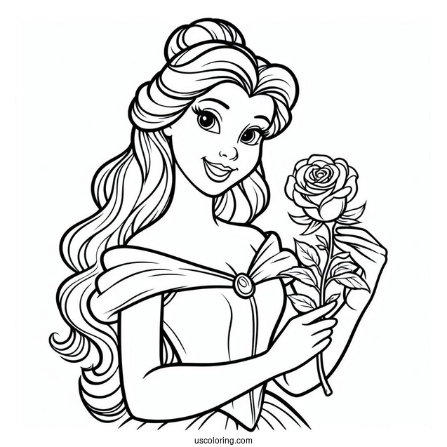 Simple Outline Of Princess Belle Holding a Rose