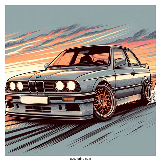 Detailed 3 Series (E30) BMW Coloring Page On Race Track At Sunset