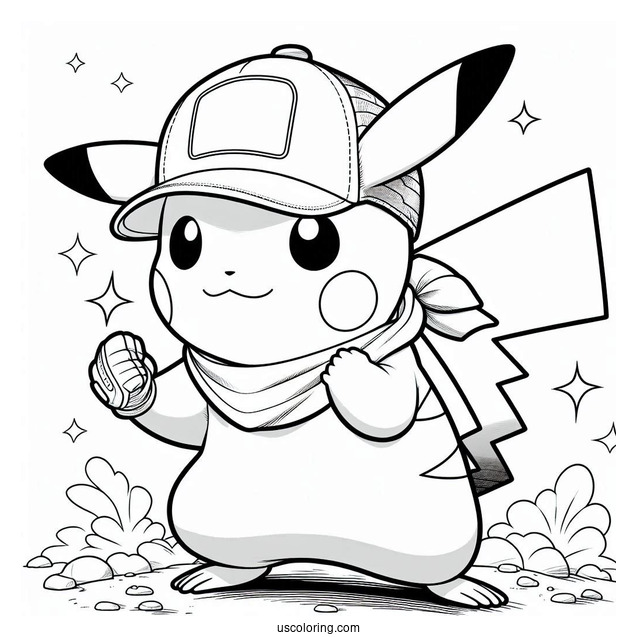 Pikachu Wearing Cap On Fighting Stance Coloring In