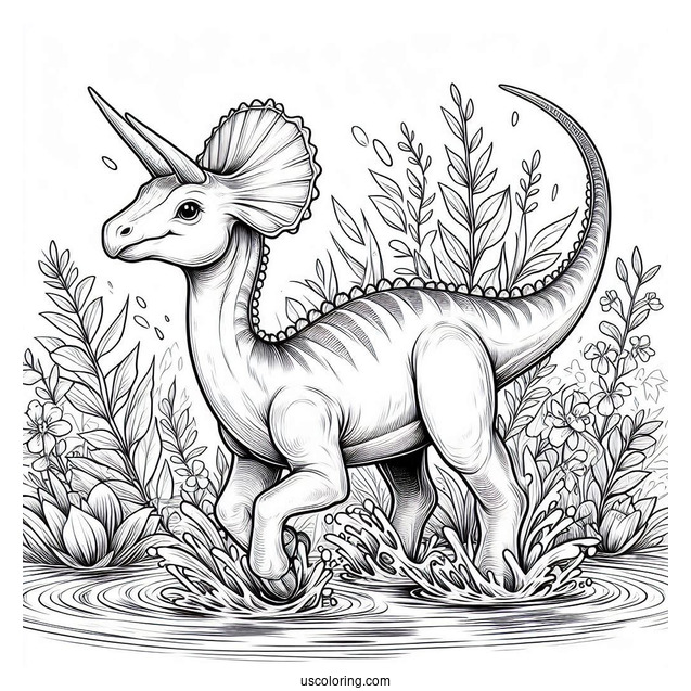 Detailed Parasaurolophus Coloring Page In The Water