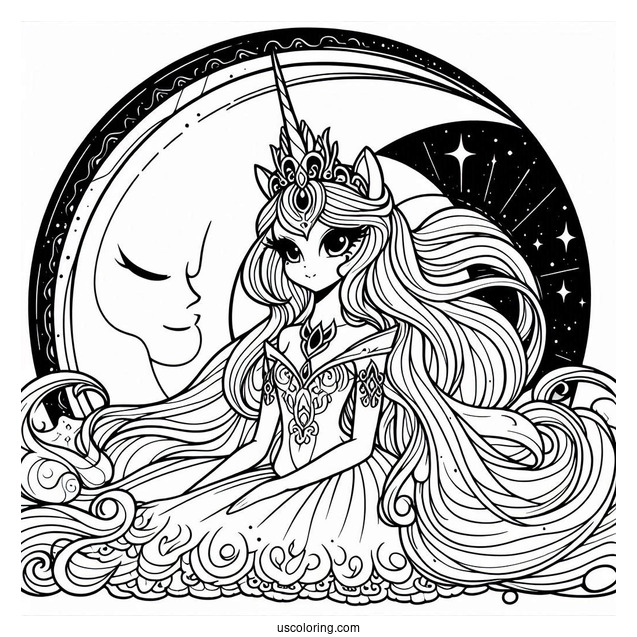 Princess Luna Coloring Page With Crescent Moon In Background