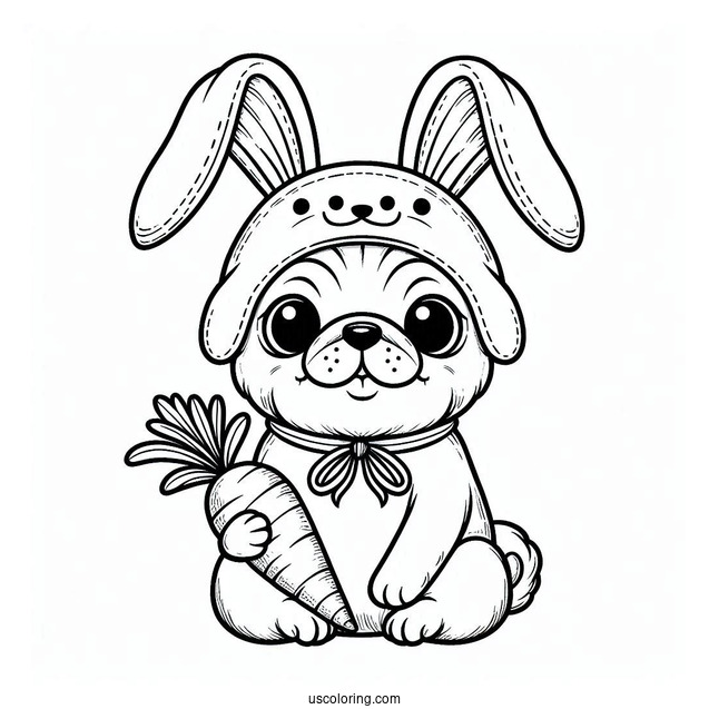 Pug Coloring Page in Bunny Costume Holding Carrot For Kids