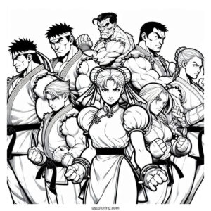 Street Fighter Coloring Page Of Ryu, Lucia, Chun Li, Urien, Rose, And M Bison