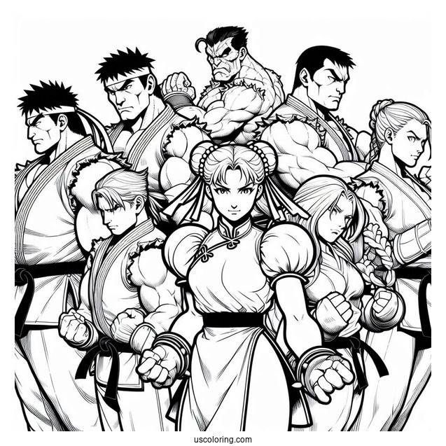 Street Fighter Coloring Page Of Ryu, Lucia, Chun Li, Urien, Rose, And M Bison