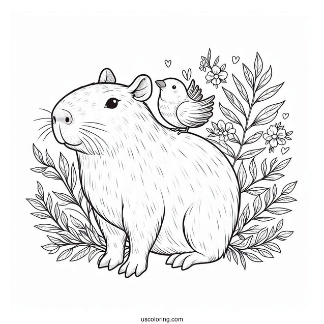 Capybara Coloring Page With Bird On Its Head