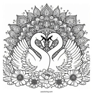 Twin Swan Coloring Page In Front Of Flower Mandala