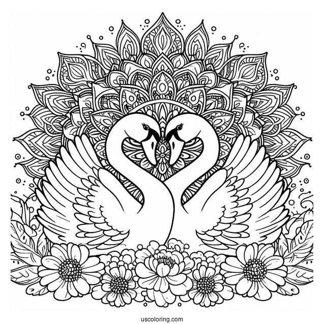 Twin Swan Coloring Page In Front Of Flower Mandala