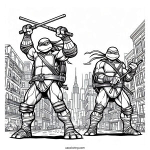 Ninja Turtles Coloring Page Of Michelangelo Using Nunchucks In City