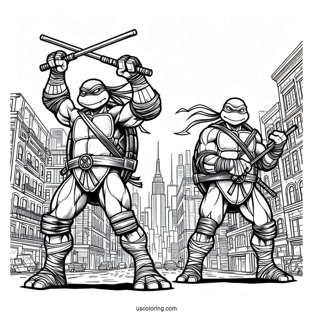 Ninja Turtles Coloring Page Of Michelangelo Using Nunchucks In City