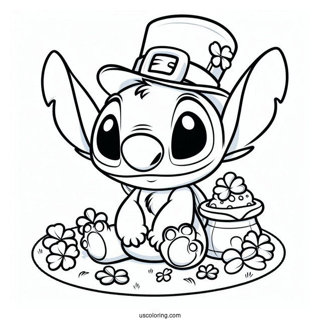 St. Patrick's Day Coloring Page Of Cute Stitch Dressed As A Leprechaun For Preschoolers