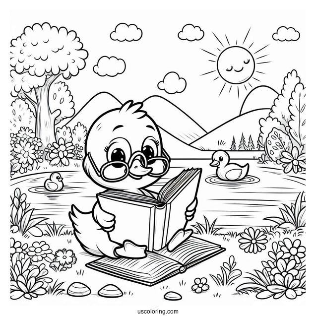 Smart Duck Reading by the Pond Coloring Page