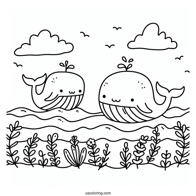 Cute Coloring Page Cartoon Whales Swimming In The Ocean