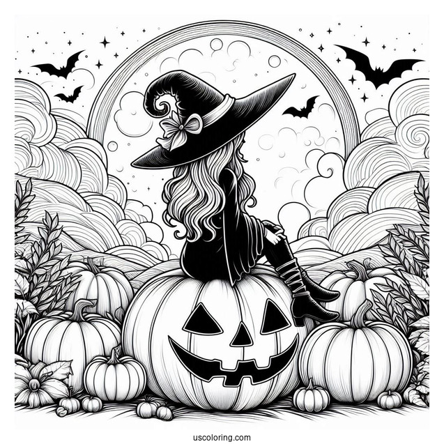 Pumpkin Coloring Page Witch Sitting On A Massive Jack O Lantern