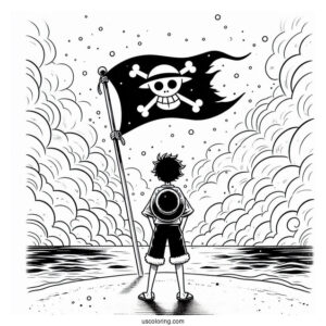 Luffy Coloring Page Standing In Front Of Straw Hat Pirate Flag With Mist