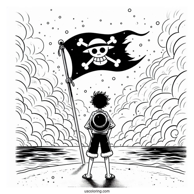 Luffy Coloring Page Standing In Front Of Straw Hat Pirate Flag With Mist