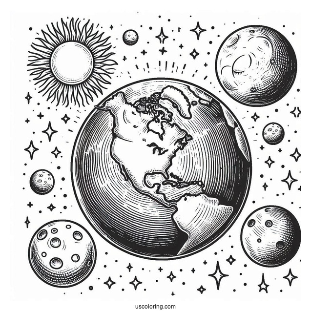Realistic Earth With Sun And Moon In Outer Space Coloring Sheet